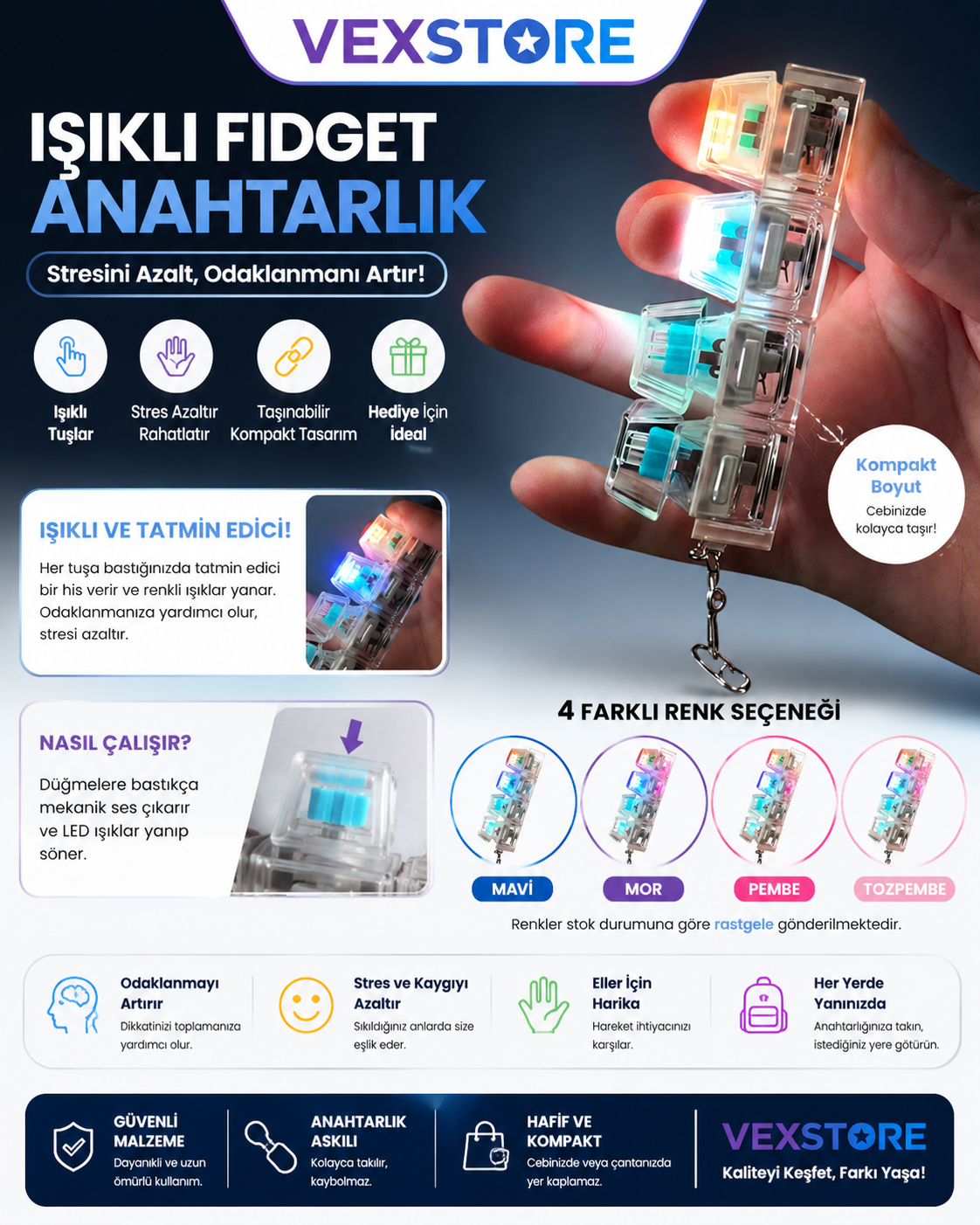 Işıklı Stres Giderici Klavye Anahtarlık